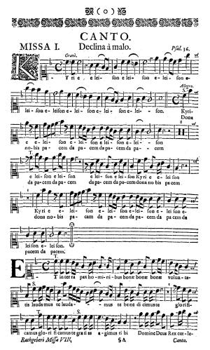 Erste Seite der Missa Declina a malo aus dem Canto-Stimmbuch von Opus I, Zweitauflage von 1728